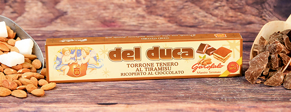 Torrone Tenero, al Tiramisù, con Savoiardi e Cacao, Ricoperto al Cioccolato