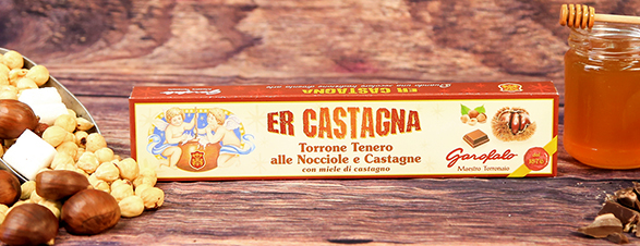Torrone Tenero, ai Marron Glacé, con Miele di Castagno, Nocciole, Ricoperto al Cioccolato 